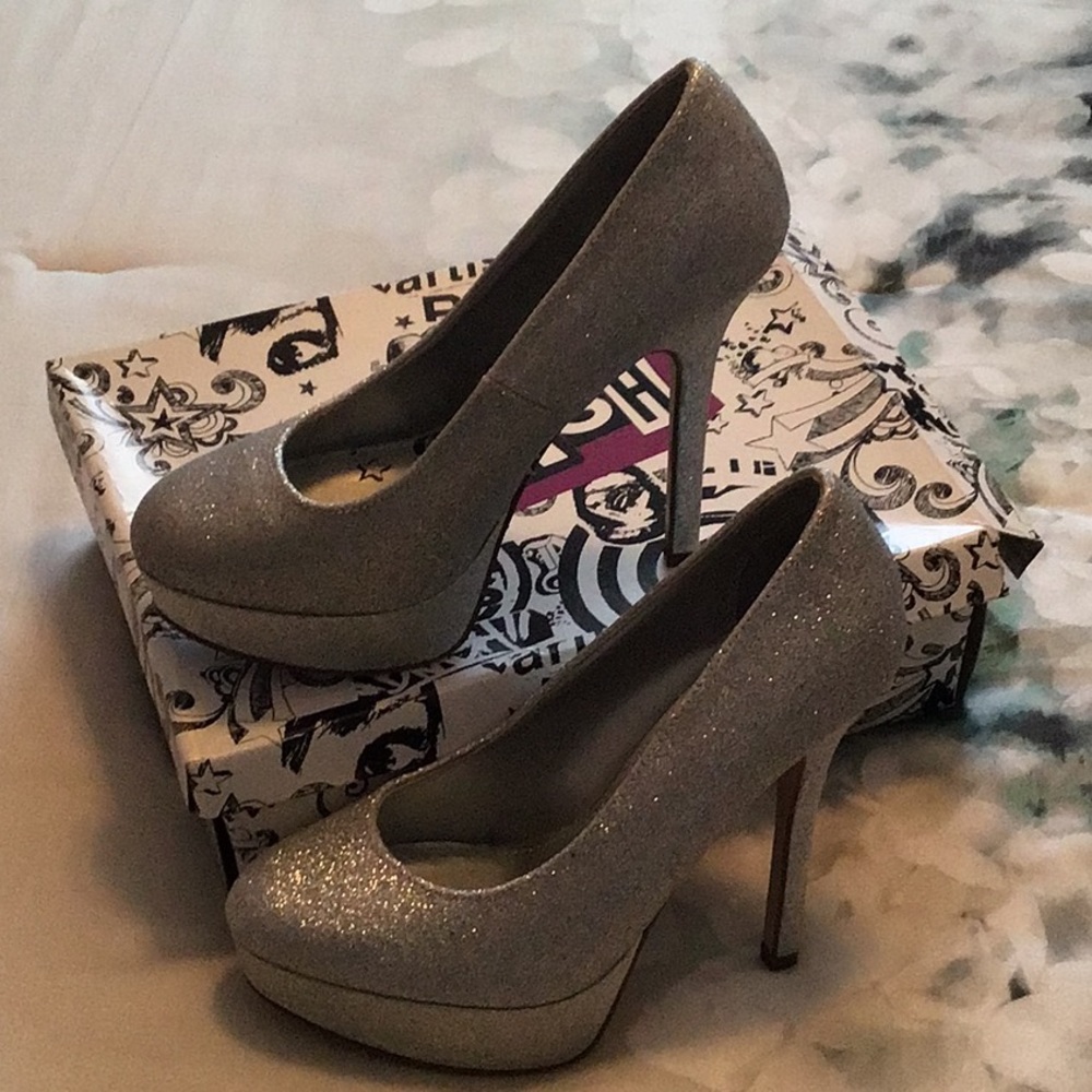 5” Brash silver glitter heels